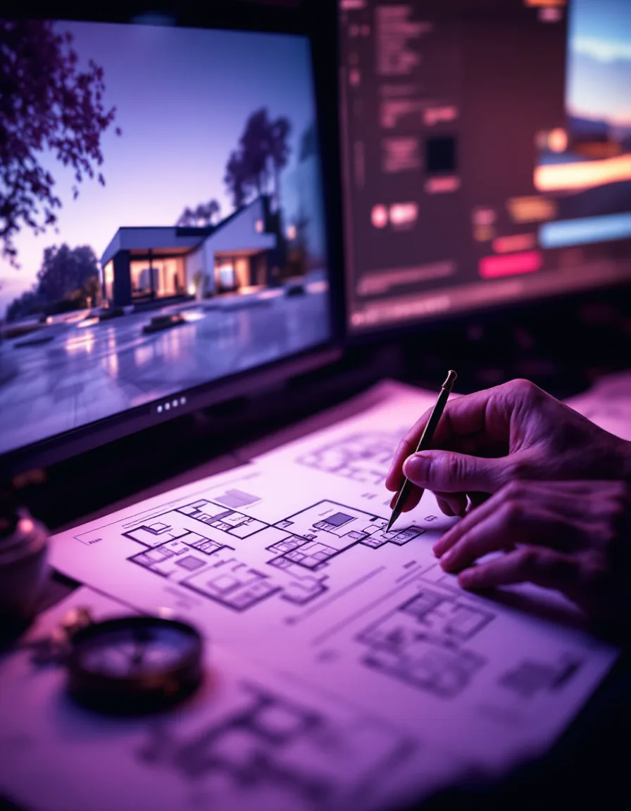 Hands adjusting the lighting on an architectural render, a brass compass on the desk
