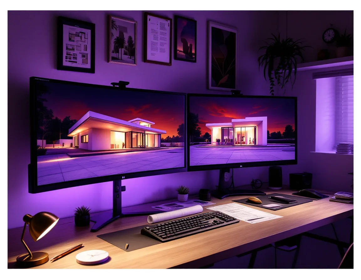 The Brass Compass studio at night, monitors showing a dusk render, plans pinned to the wall