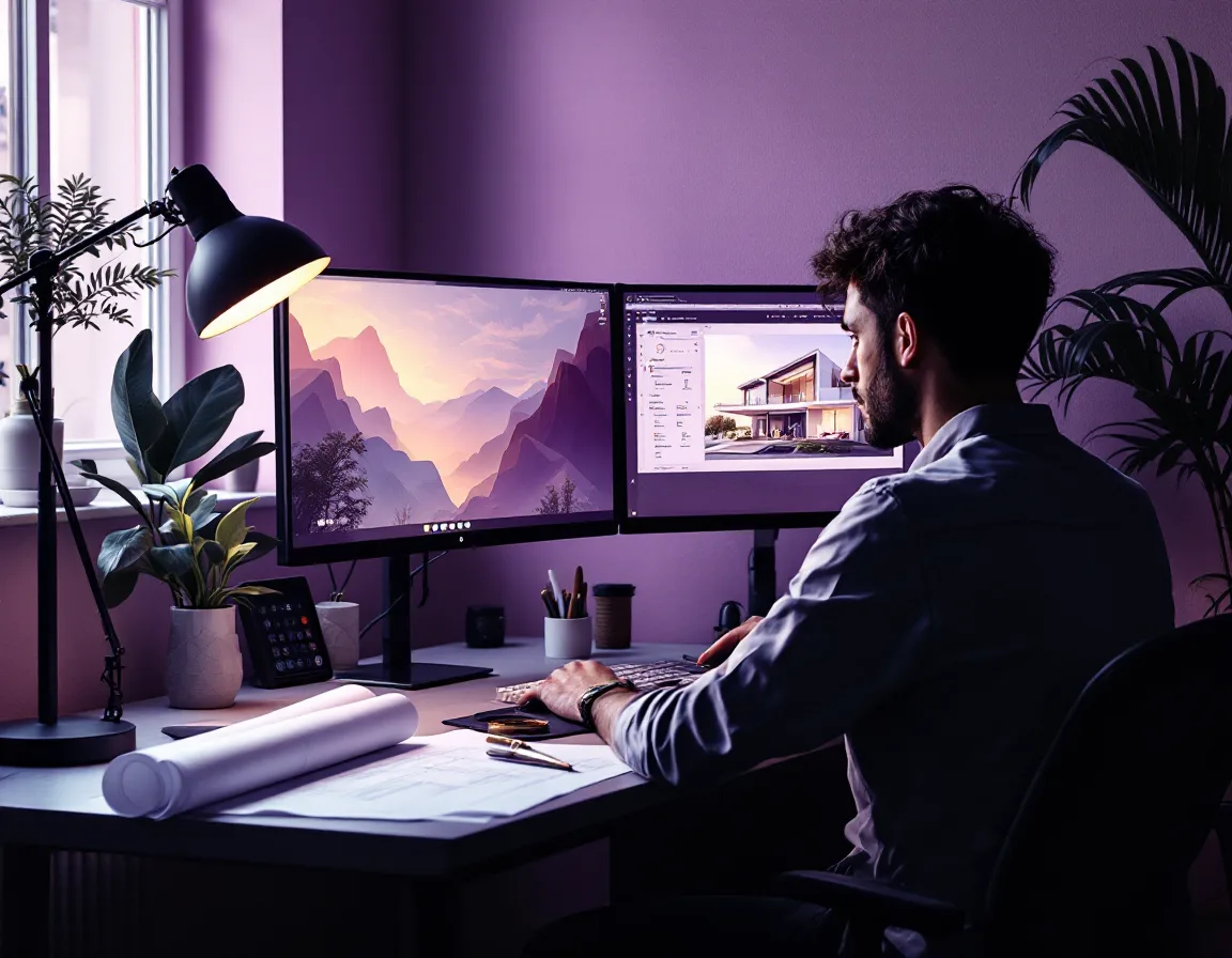 Dana at the studio desk reviewing a photoreal render, blueprints and a brass compass nearby