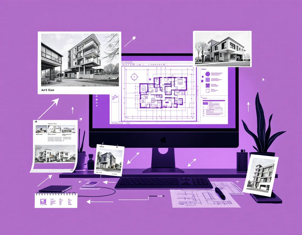 CAD plans and site references on a studio desk