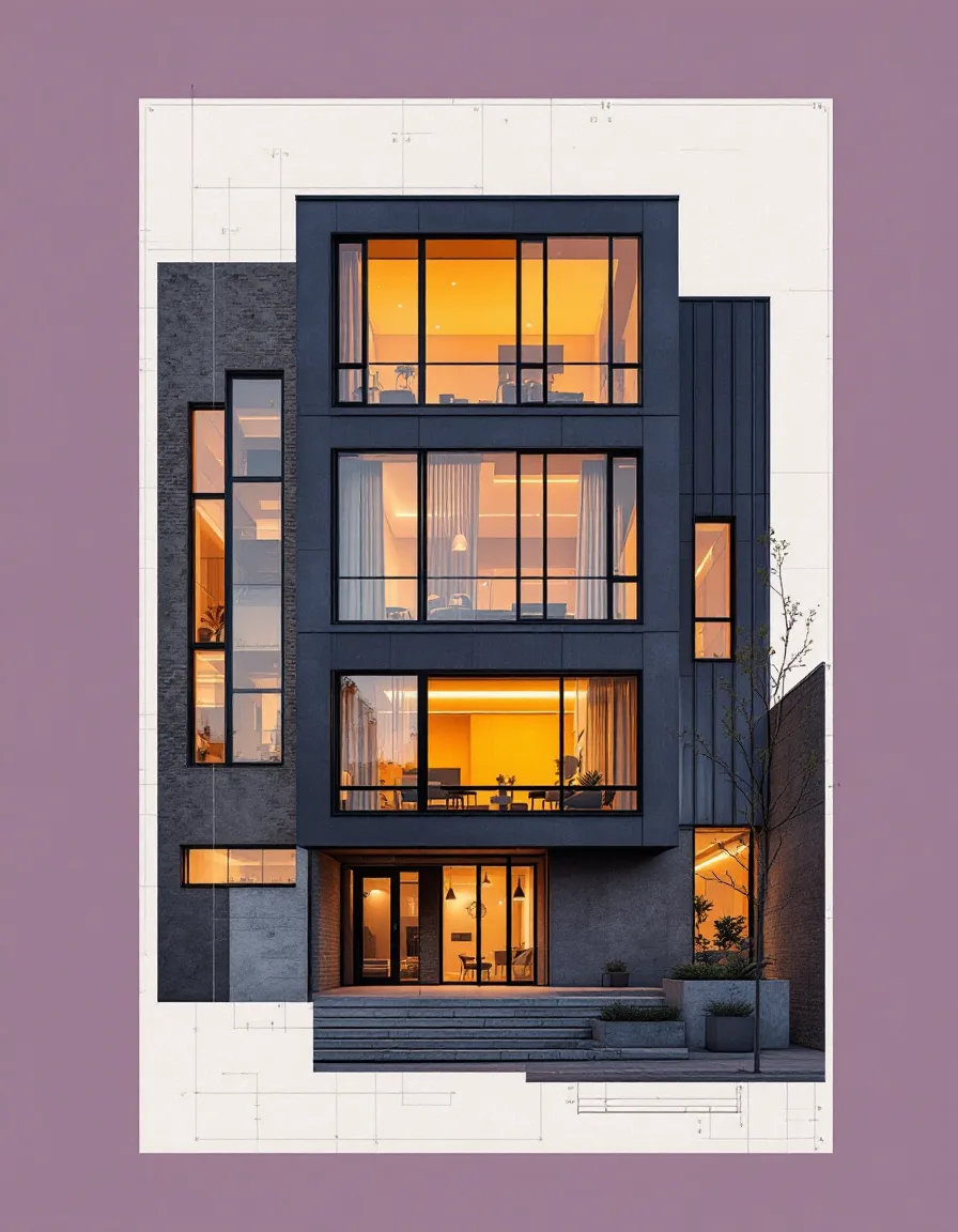 Photoreal dusk render of an unbuilt mixed-use building with warm lit interiors