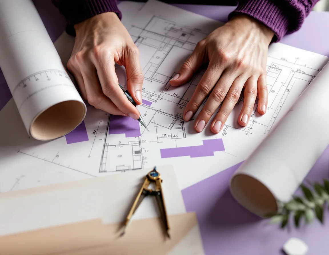 Hands, blueprints and a brass compass on a lilac desk