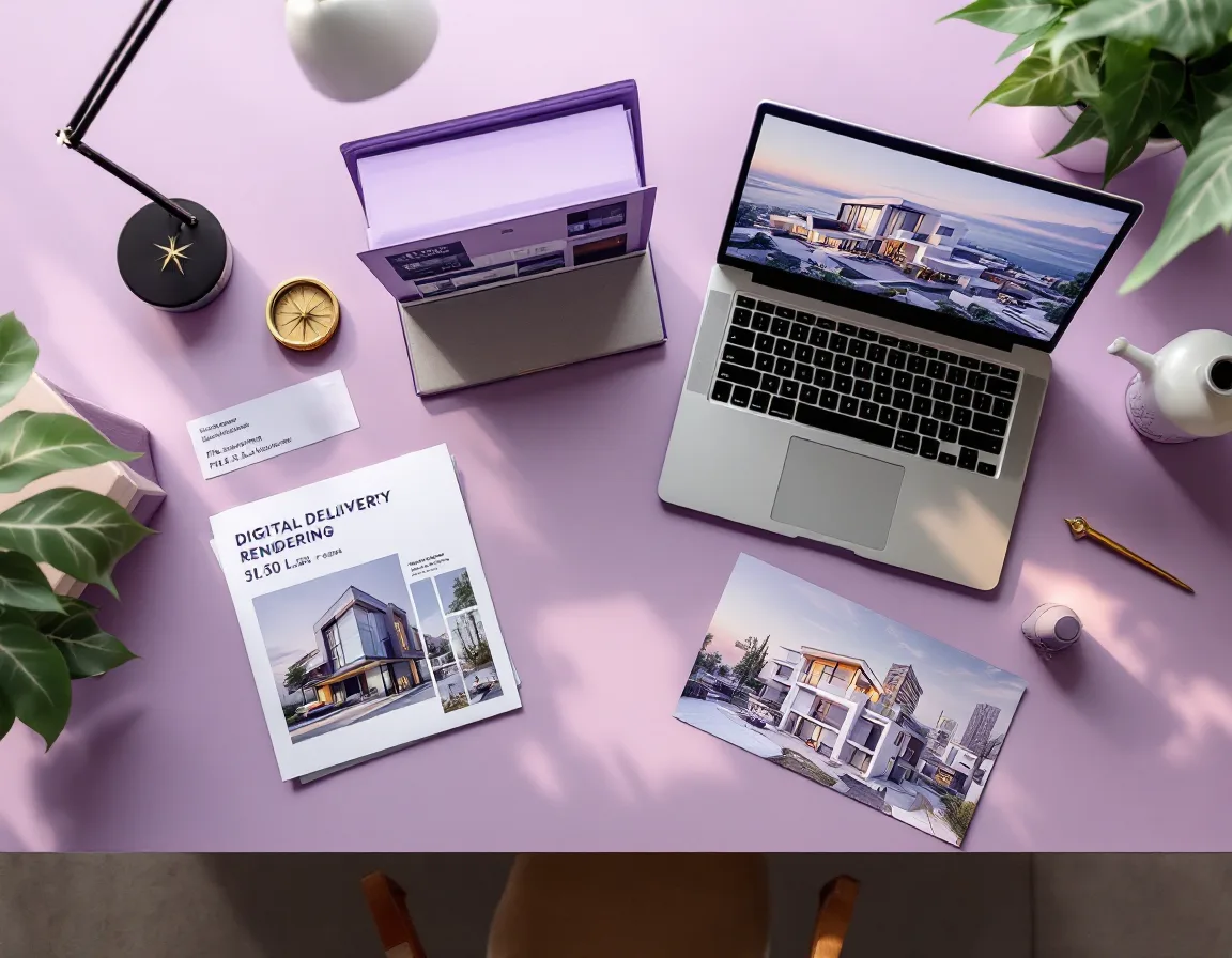 Finished renderings delivered as print crops and web files on a studio desk